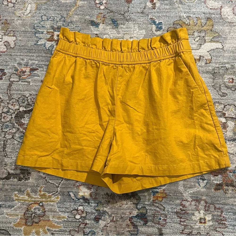 Express Yellow Linen Blend High Waist Shorts Ruffle Elastic Waistband Pockets